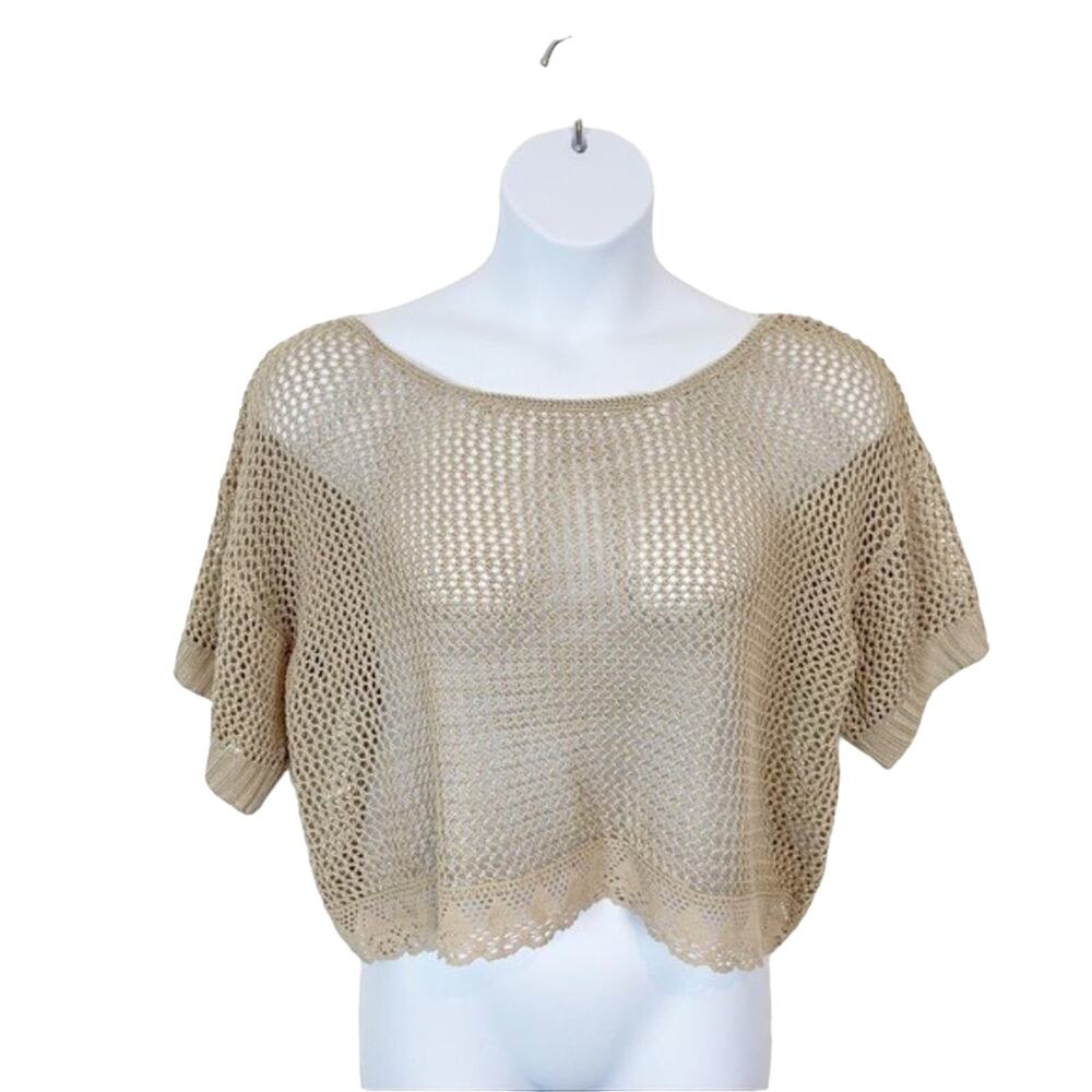 One A Top Shirt Tan Cropped Crochet Fishnet Oversize Size M Y2K Retro Slouchy